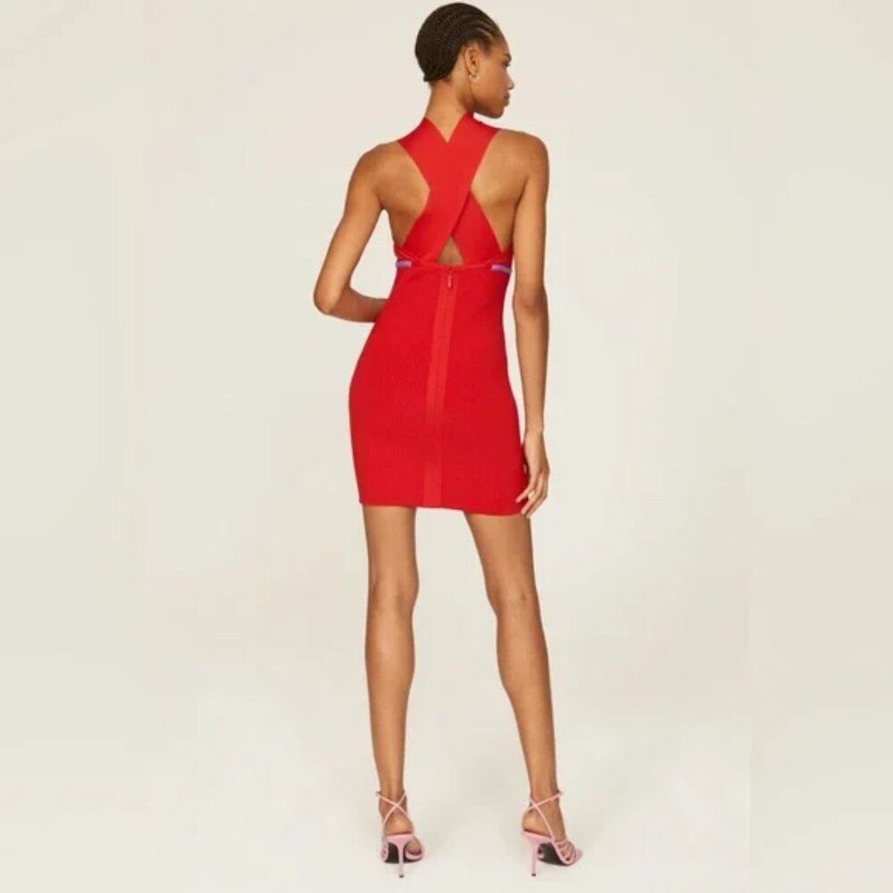 Hervé Léger luxe Halter RED ribbed Bandage Sheath party mini Dress Like New LG - Picture 2 of 12